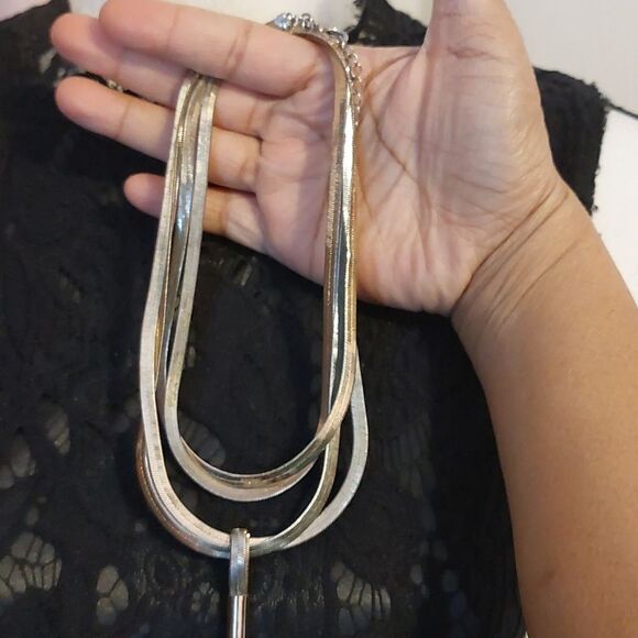 WHBM Two Tone Gold Silver Wide Herringbone Y Drop Tassel Statement Necklace - Picture 5 of 5